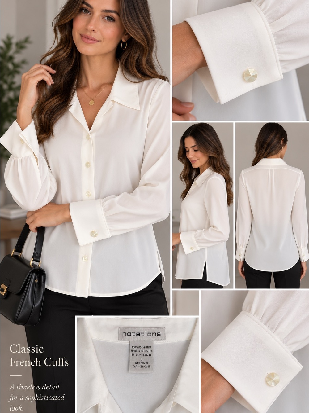 Notations White French Cuff Button Down Blouse L